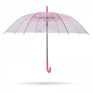 rosa sakura 23 '' 8k autoöppnad plast J-handtag genomskinligt rakt paraply