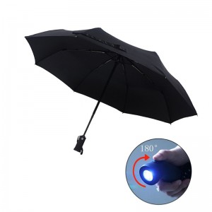 Grossist automatisk facklahandtag 3 vikbart paraply med LED-ljus