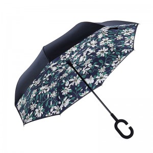 Regnparaply vindtät med blommotryck design omvänd paraply striaght